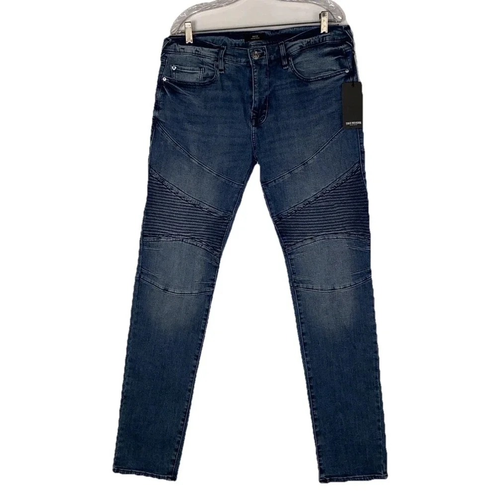 True Religion 33x32 Men's Rocco Moto Relaxed Skinny Denim Jeans Ribbed‎ NWT